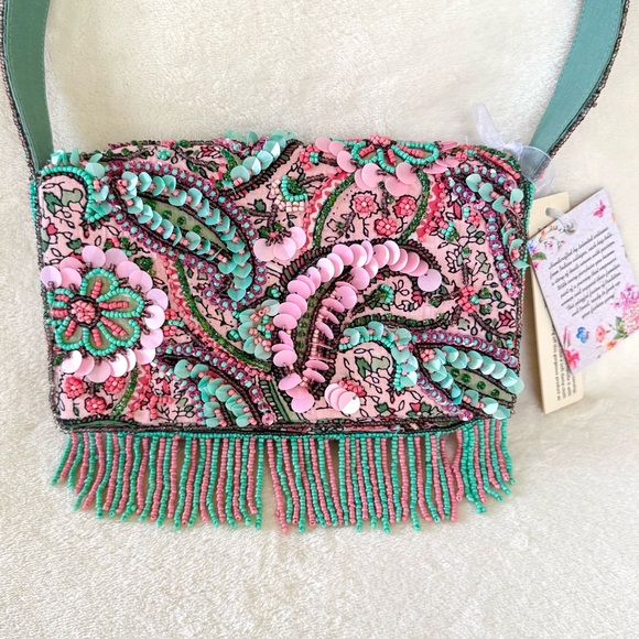 Viral Beaded Pink, Blue, & Purple Paisley Shoulder Bag w/ Beaded Fringe - Picture 2 of 8